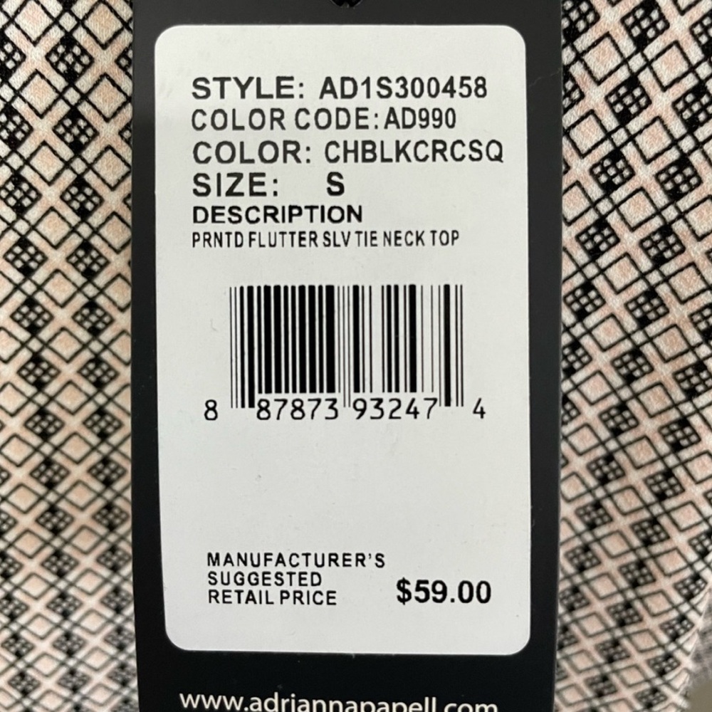 Adrianna Papell Tie Neck Blouse S Black Cream Geometric Flutter Sleeve NWT - Picture 10 of 14